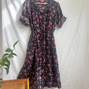 Floral Button-Front Midi Dress in Black and Pink